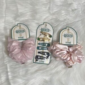 NWT Wicked Scunci Pink Scrunchies Green Hair Clips Set